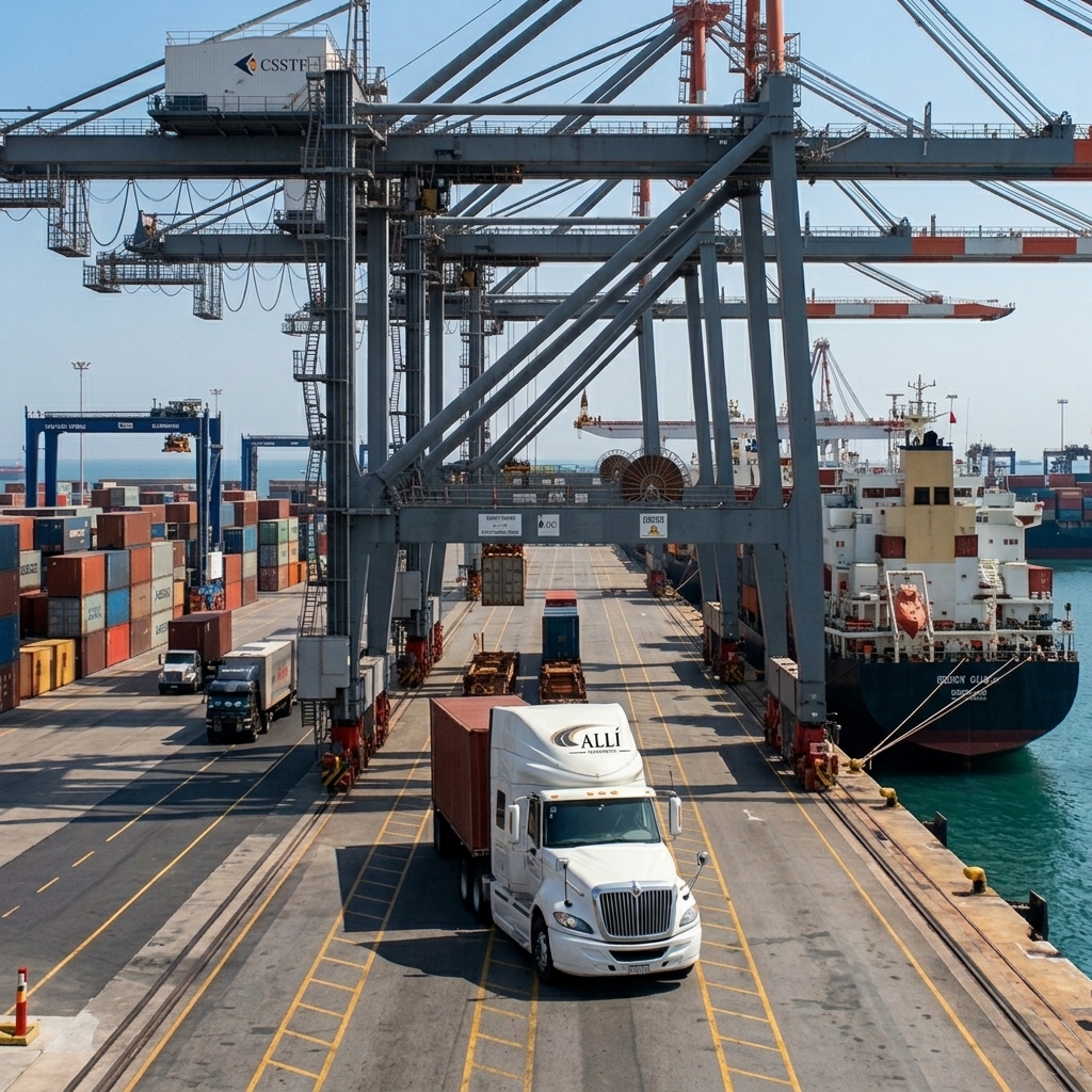 Camión de ALLÍ Transportes en el Puerto de Lázaro Cárdenas